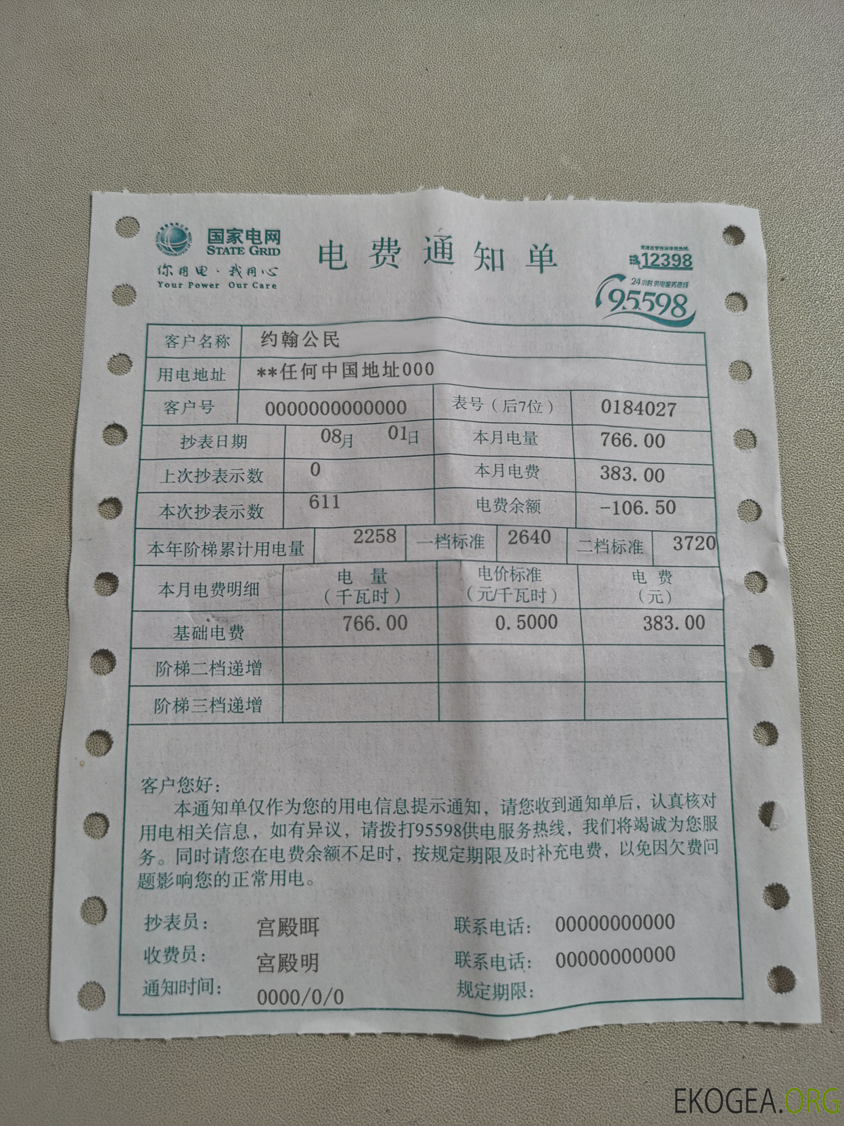China State Grid Corporation of China (SGCC) electricity utility bill photolook